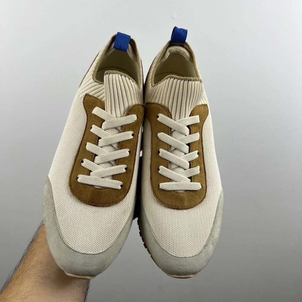 J.McLaughlin Dash Sneakers 7M Tan Grey Knit Suede Low Top Trainers Excellent